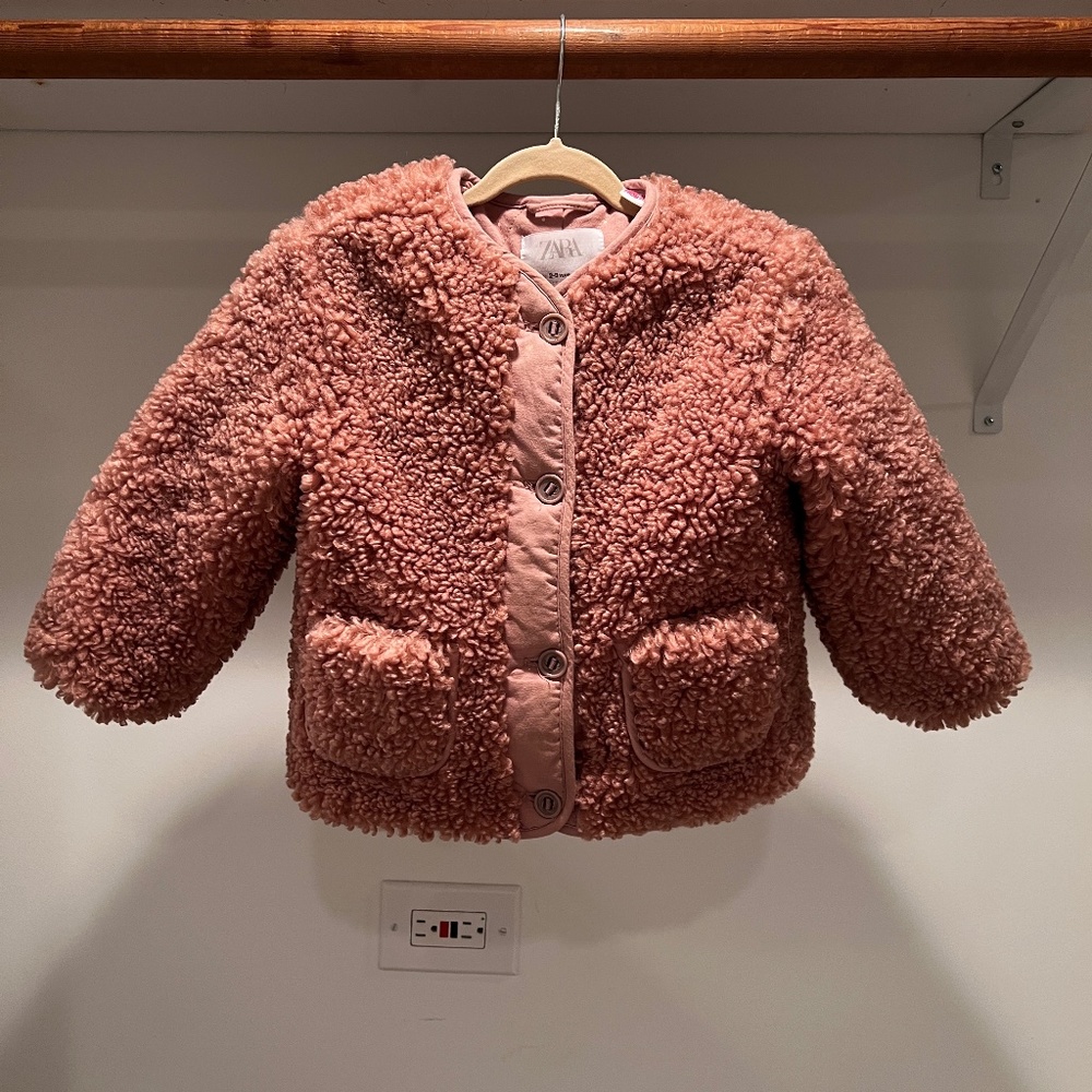 Zara Girls Rose teddy bear fur coat sz 2-3yr